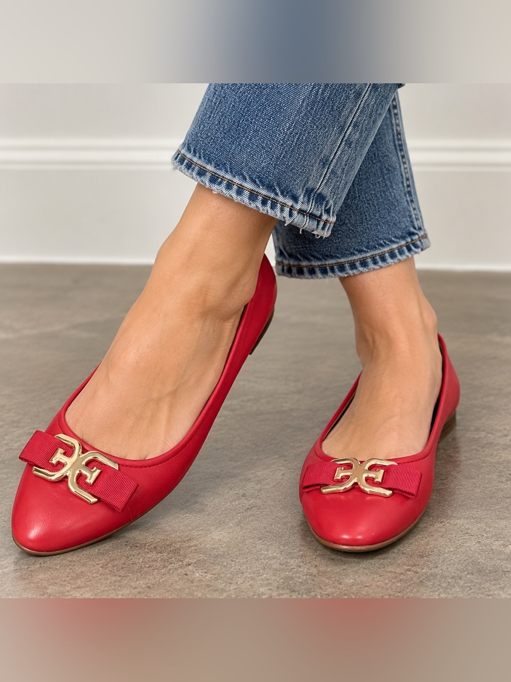 Sam Edelman Red Leather Bow Ballet Flats Gold Logo Size 9.5